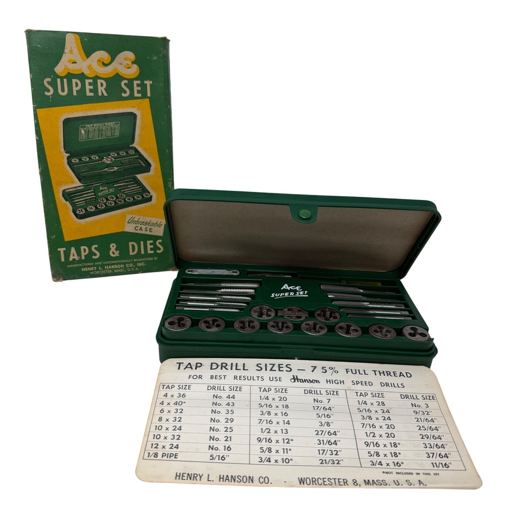 Vintage Ace Super Set Taps and Dies Henry Hanson Green Case